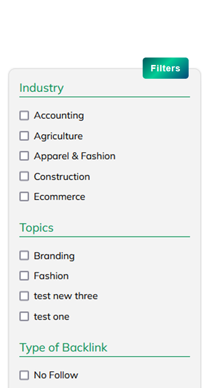 An image showing the advanced search functionality of Lazybacklinker based on industry, topics, and type of backlink.