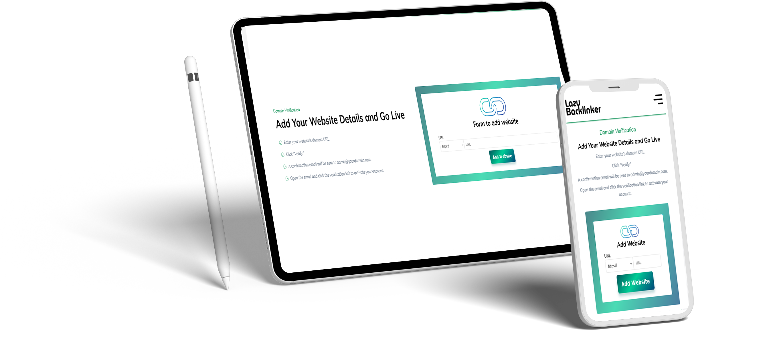An image of a tab and a mobile showing the process of adding website on LazyBacklinker.