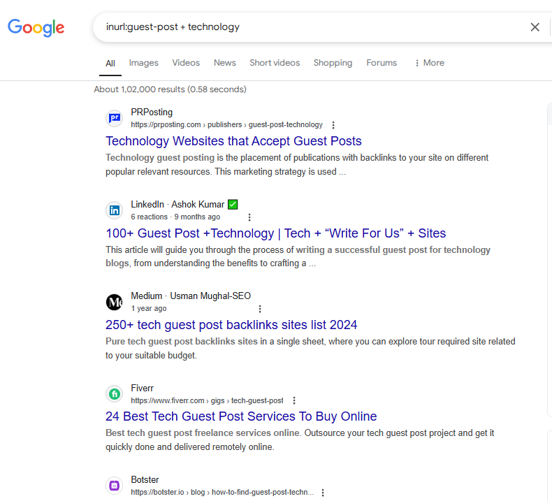 Searches for guest post-related pages